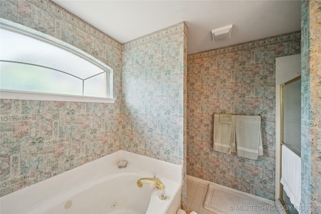 1101 S Yellowood Ave, Broken Arrow, OK 74012 - bathroom featuring a jetted tub, a stall shower, and tile patterned flooring