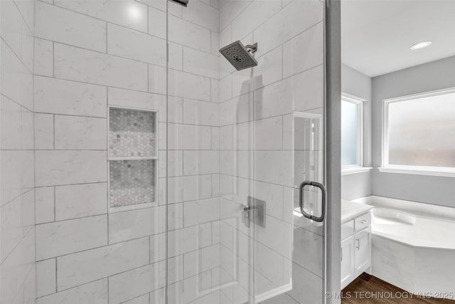2012 W Huntsville Pl, Broken Arrow, OK 74011 - full bathroom with a stall shower, wood finished floors, and vanity