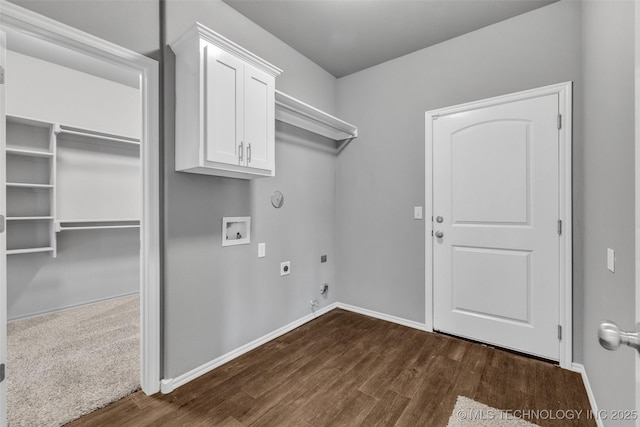2012 W Huntsville Pl, Broken Arrow, OK 74011 - laundry area with gas dryer hookup, hookup for an electric dryer, washer hookup, dark wood-style floors, and cabinet space