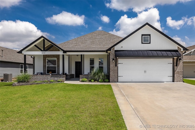 2012 W Huntsville Pl, Broken Arrow, OK 74011 - modern farmhouse style home featuring brick siding, a porch, driveway, a front lawn, and a garage