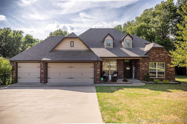 14701 E 150th St, Collinsville, OK 74021 - view of front of house featuring brick siding, a garage, concrete driveway, and a front lawn