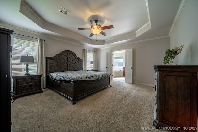 14701 E 150th St, Collinsville, OK 74021 - bedroom featuring a raised ceiling, light carpet, crown molding, ensuite bath, and ceiling fan