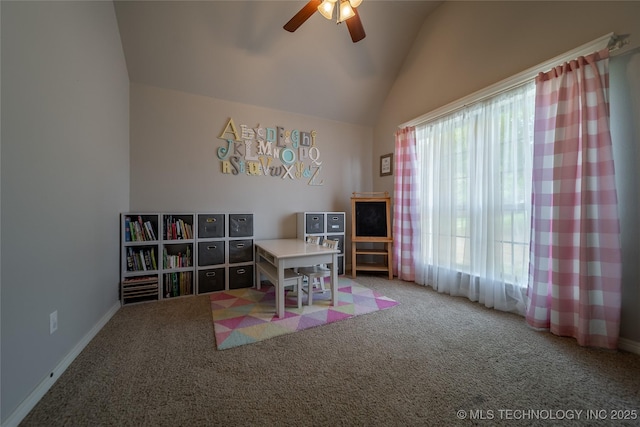 14701 E 150th St, Collinsville, OK 74021 - playroom with a ceiling fan, carpet flooring, and vaulted ceiling
