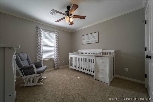 14701 E 150th St, Collinsville, OK 74021 - bedroom featuring carpet flooring, ornamental molding, a crib, and a ceiling fan