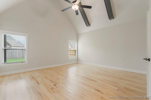 5918 E 126th Pl S, Bixby, OK 74008 - empty room featuring ceiling fan, high vaulted ceiling, and wood finished floors