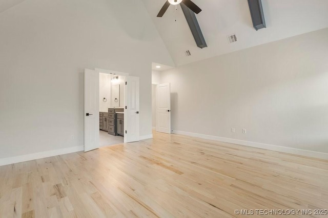5918 E 126th Pl S, Bixby, OK 74008 - unfurnished room featuring ceiling fan, high vaulted ceiling, and light wood-type flooring