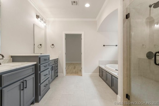 5918 E 126th Pl S, Bixby, OK 74008 - full bath featuring vanity, crown molding, a shower stall, a bath, and tile patterned flooring