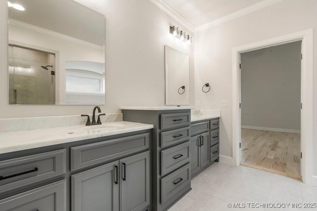 5918 E 126th Pl S, Bixby, OK 74008 - full bath featuring crown molding, double vanity, and tiled shower