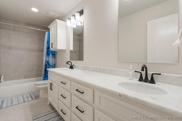 5918 E 126th Pl S, Bixby, OK 74008 - full bathroom with double vanity, shower / bath combo, tile patterned flooring, and recessed lighting
