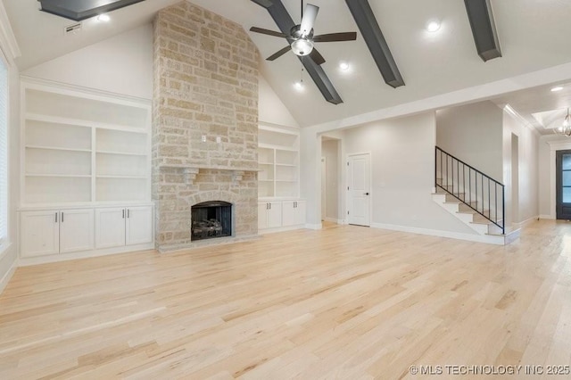 5918 E 126th Pl S, Bixby, OK 74008 - unfurnished living room with built in features, high vaulted ceiling, stairs, ceiling fan, and light wood-type flooring