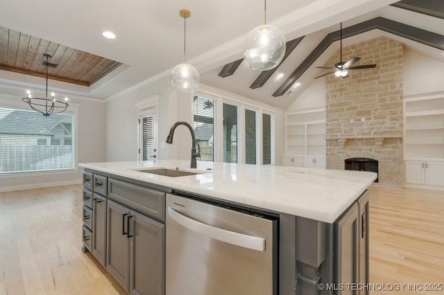 5918 E 126th Pl S, Bixby, OK 74008 - kitchen featuring dishwasher, light wood finished floors, a fireplace, built in shelves, and recessed lighting