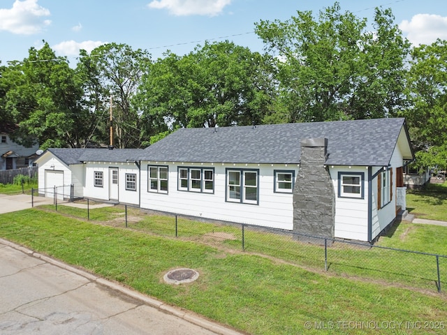 1119 W 7th St, Okmulgee, OK 74447 - view of front facade featuring a garage, roof with shingles, driveway, and a chimney