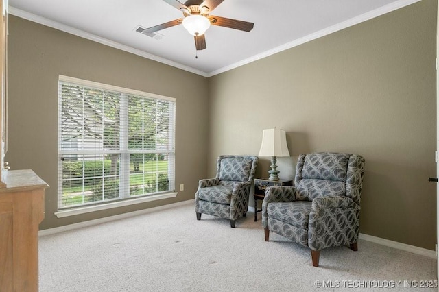 8306 E 77th Pl, Tulsa, OK 74133 - sitting room with ornamental molding, carpet floors, and a ceiling fan