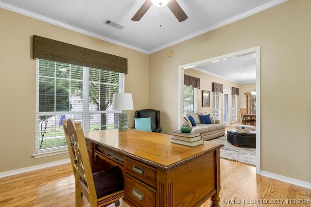 8306 E 77th Pl, Tulsa, OK 74133 - office area with plenty of natural light, light wood finished floors, ceiling fan, and crown molding