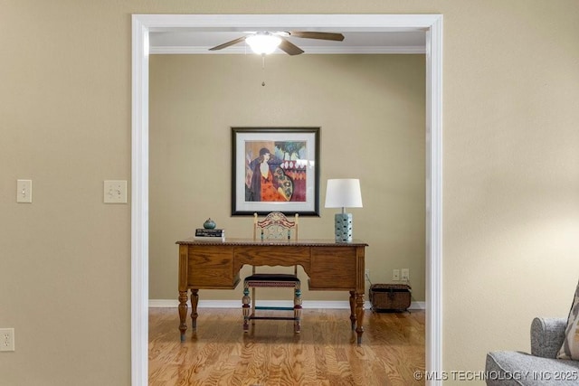 8306 E 77th Pl, Tulsa, OK 74133 - office area with a ceiling fan, crown molding, and wood finished floors