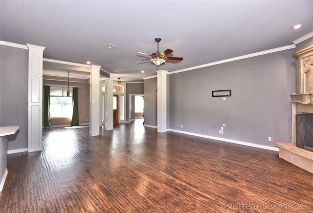 14772 S 212th E Ave, Coweta, OK 74429 - unfurnished living room with a ceiling fan, ornamental molding, ornate columns, dark wood finished floors, and recessed lighting