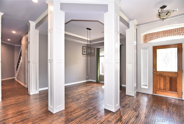 14772 S 212th E Ave, Coweta, OK 74429 - foyer entrance featuring ornate columns, dark wood-type flooring, ornamental molding, stairs, and recessed lighting