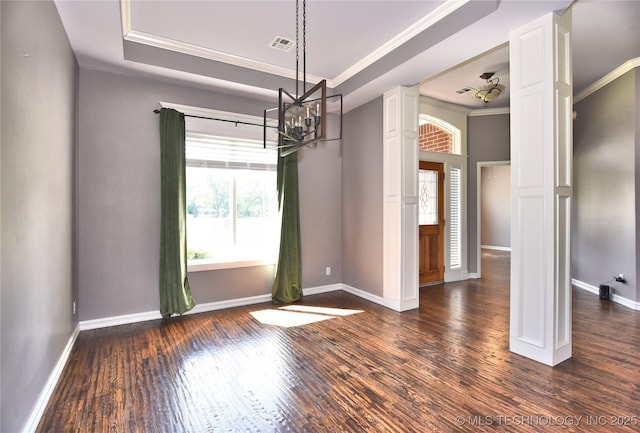 14772 S 212th E Ave, Coweta, OK 74429 - empty room with crown molding, a chandelier, dark wood-style flooring, and a raised ceiling