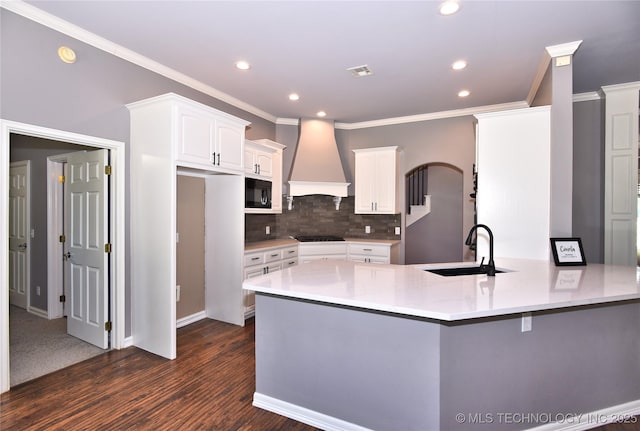 14772 S 212th E Ave, Coweta, OK 74429 - kitchen featuring custom range hood, a peninsula, black appliances, white cabinets, and crown molding