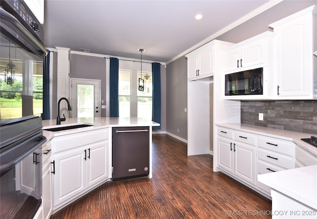 14772 S 212th E Ave, Coweta, OK 74429 - kitchen featuring black microwave, stainless steel dishwasher, light countertops, crown molding, and white cabinets