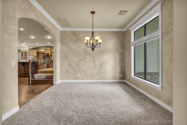 14651 S Gary Ave, Bixby, OK 74008 - empty room with healthy amount of natural light, carpet, stairway, a chandelier, and ornamental molding