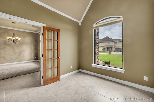 14651 S Gary Ave, Bixby, OK 74008 - unfurnished room with ornamental molding, healthy amount of natural light, lofted ceiling, a chandelier, and tile patterned flooring