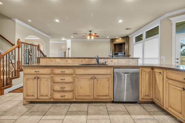 14651 S Gary Ave, Bixby, OK 74008 - kitchen with dishwasher, crown molding, a ceiling fan, stone counters, and light tile patterned floors