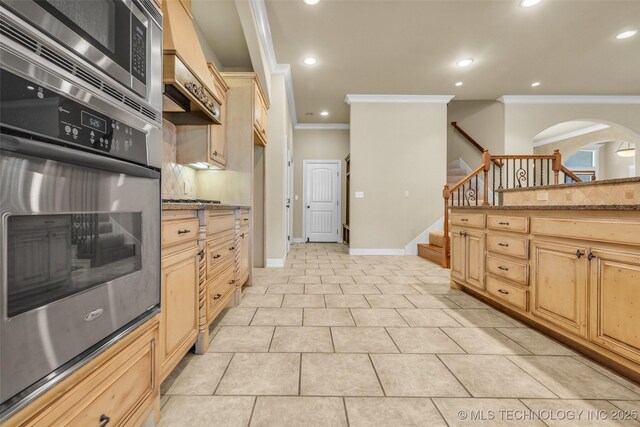 14651 S Gary Ave, Bixby, OK 74008 - kitchen featuring appliances with stainless steel finishes, crown molding, light brown cabinetry, recessed lighting, and light tile patterned flooring