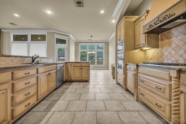 14651 S Gary Ave, Bixby, OK 74008 - kitchen with custom range hood, appliances with stainless steel finishes, crown molding, recessed lighting, and backsplash