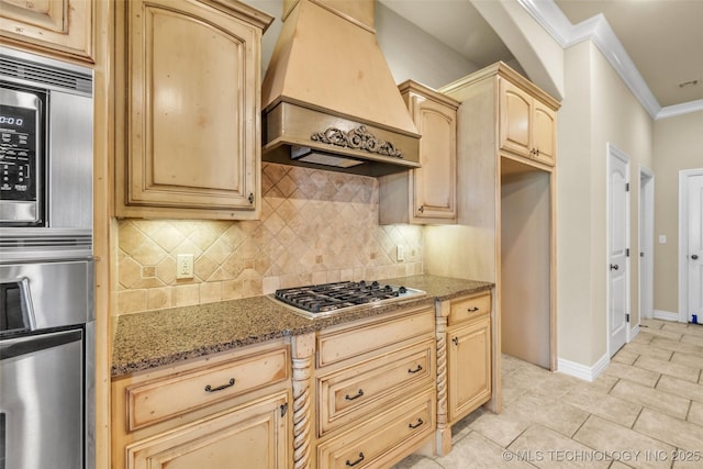14651 S Gary Ave, Bixby, OK 74008 - kitchen featuring custom exhaust hood, light brown cabinetry, ornamental molding, appliances with stainless steel finishes, and light stone countertops