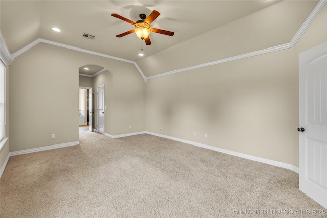 14651 S Gary Ave, Bixby, OK 74008 - empty room featuring arched walkways, a ceiling fan, light carpet, lofted ceiling, and crown molding