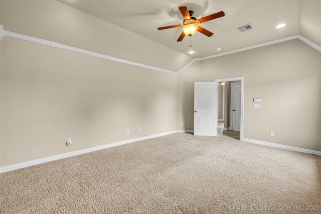 14651 S Gary Ave, Bixby, OK 74008 - empty room featuring lofted ceiling, ceiling fan, recessed lighting, ornamental molding, and light colored carpet