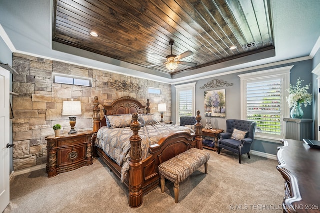 3818 W Phoenix Pl, Broken Arrow, OK 74011 - bedroom with a tray ceiling, light carpet, wooden ceiling, crown molding, and multiple windows