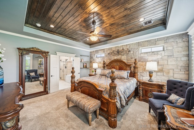3818 W Phoenix Pl, Broken Arrow, OK 74011 - carpeted bedroom featuring a tray ceiling, ornamental molding, wood ceiling, ceiling fan, and ensuite bath