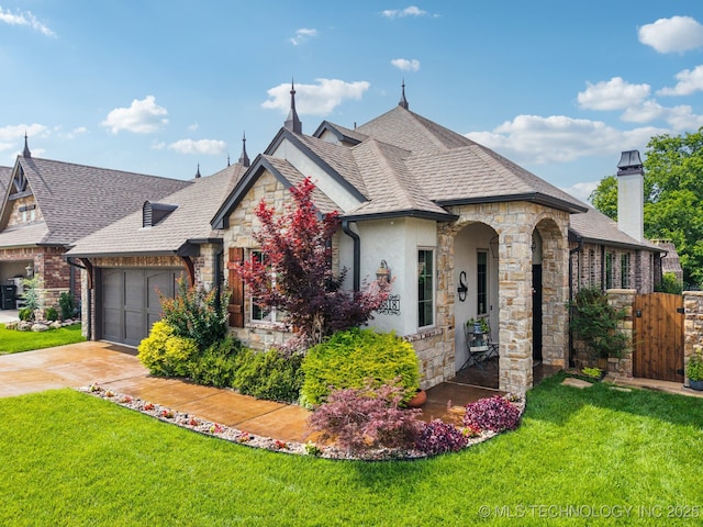 3818 W Phoenix Pl, Broken Arrow, OK 74011 - french country home featuring stone siding, an attached garage, a front lawn, driveway, and a shingled roof