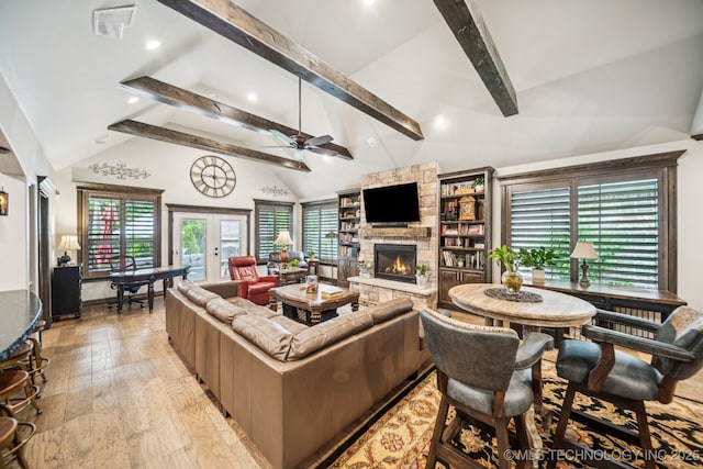 3818 W Phoenix Pl, Broken Arrow, OK 74011 - living room featuring a stone fireplace, ceiling fan, and recessed lighting