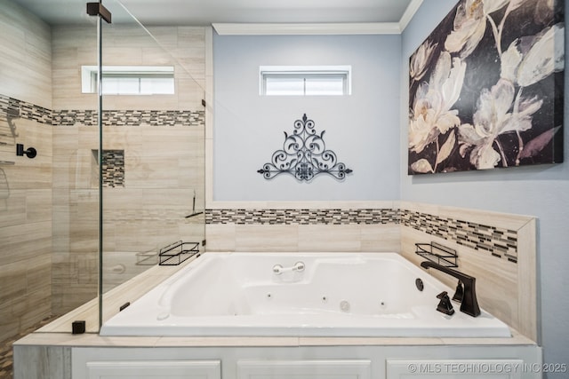 3818 W Phoenix Pl, Broken Arrow, OK 74011 - bathroom featuring a whirlpool tub, tiled shower, and ornamental molding