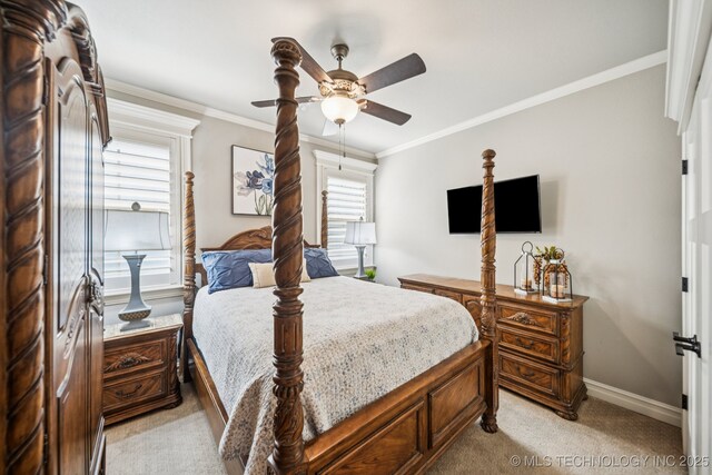 3818 W Phoenix Pl, Broken Arrow, OK 74011 - bedroom featuring light colored carpet, multiple windows, crown molding, and a ceiling fan
