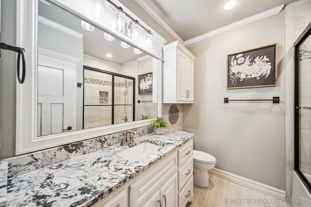 3818 W Phoenix Pl, Broken Arrow, OK 74011 - bathroom with tiled shower, vanity, crown molding, and recessed lighting