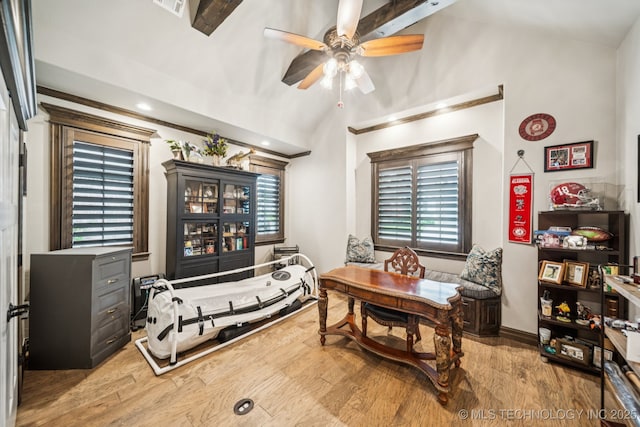 3818 W Phoenix Pl, Broken Arrow, OK 74011 - home office with lofted ceiling, ceiling fan, and wood finished floors