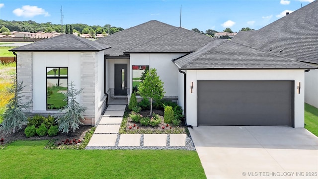 12005 S Vandalia Ave, Tulsa, OK 74137 - view of front of home with roof with shingles, a front lawn, and stucco siding