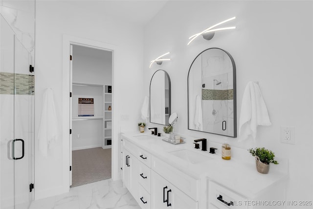 12005 S Vandalia Ave, Tulsa, OK 74137 - full bathroom featuring marble look tile flooring, a marble finish shower, and double vanity