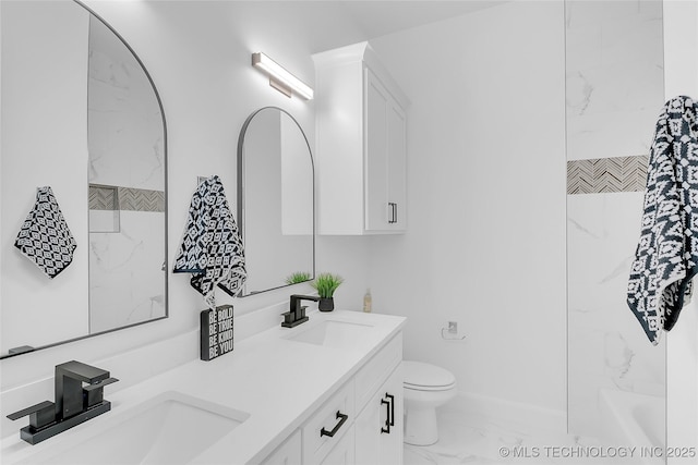 12005 S Vandalia Ave, Tulsa, OK 74137 - bathroom with marble look tiles, double vanity, and shower / tub combination