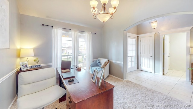 1010 W 120th St, Jenks, OK 74037 - carpeted home office featuring arched walkways, healthy amount of natural light, a chandelier, and tile patterned floors