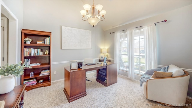 1010 W 120th St, Jenks, OK 74037 - office area with a chandelier, carpet flooring, and lofted ceiling