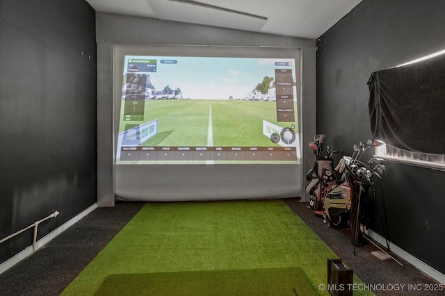 7547 E 27th St, Tulsa, OK 74129 - rec room featuring golf simulator, lofted ceiling, and carpet