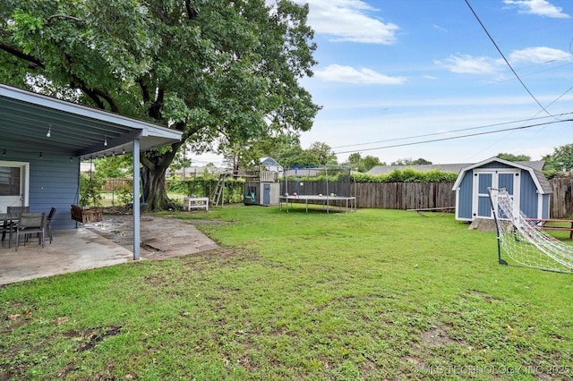 7547 E 27th St, Tulsa, OK 74129 - fenced backyard featuring a storage shed, a trampoline, and a patio area