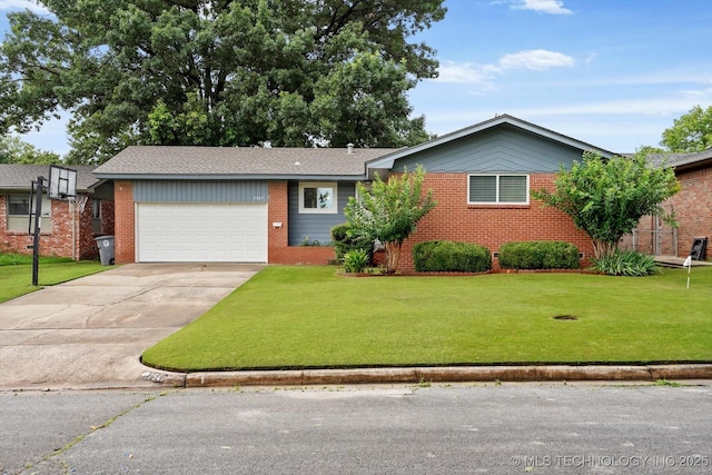 7547 E 27th St, Tulsa, OK 74129 - ranch-style house featuring brick siding, driveway, an attached garage, and a front lawn