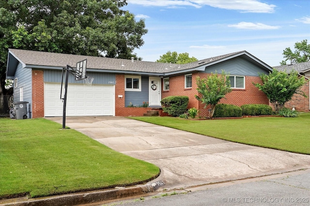 7547 E 27th St, Tulsa, OK 74129 - ranch-style home with brick siding, an attached garage, concrete driveway, and a front lawn