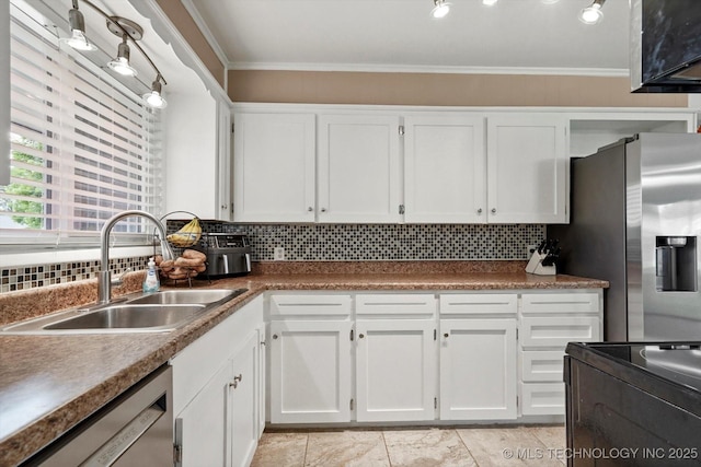 7547 E 27th St, Tulsa, OK 74129 - kitchen featuring appliances with stainless steel finishes, backsplash, white cabinets, and ornamental molding
